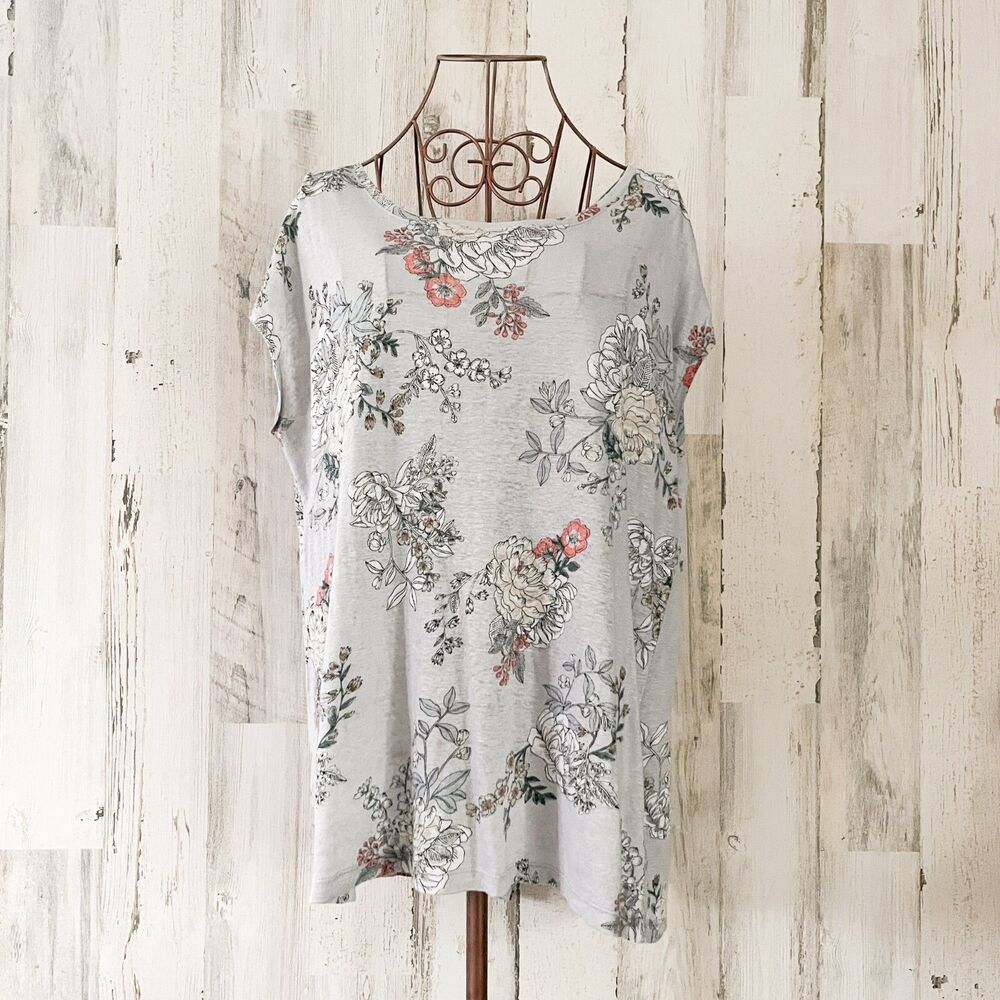 Gray Floral Linen Short Sleeve Top L Boho Cruise Resort Costal Casual Summer